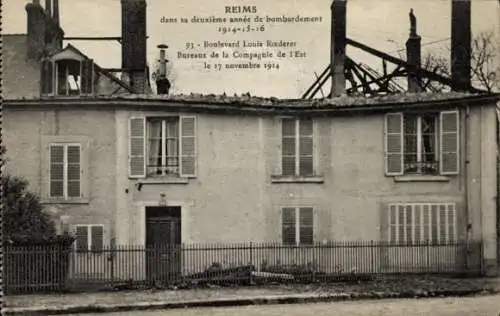 Ak Reims Marne, Boulevard Louis Roederer, Bureaux de la Compagnie de l'Est le 17 Novembre 1914