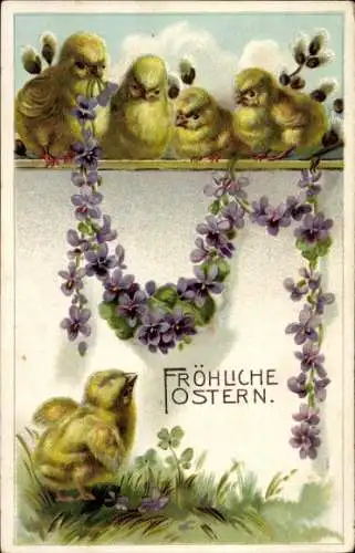 Ak Glückwunsch Ostern, Küken, Veilchen