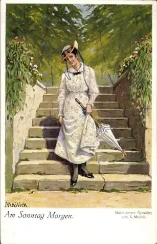 Künstler Ak Mailick, Am Sonntagmorgen, Frau in weißem Kleid, Sonnenschirm, Treppen