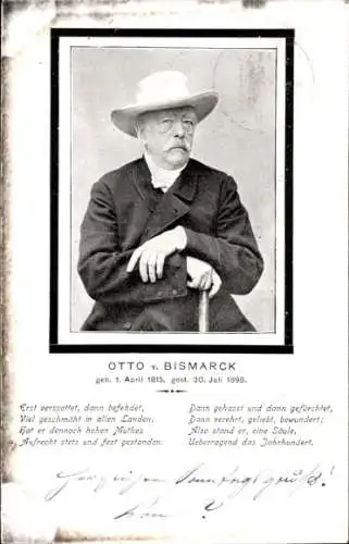 Ak Otto von Bismarck, Portrait, Gedicht, Trauerkarte zum Tod 1898