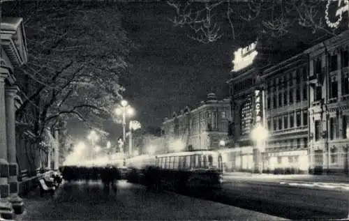 Ak Leningrad St. Petersburg Russland, Blick auf den Newski-Prospekt, Straßenbahn