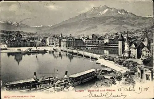 Ak Luzern Stadt Schweiz, Bahnhof und Pilatus