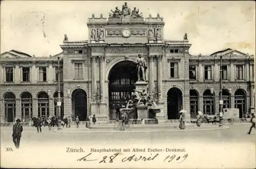 Ak Zürich Stadt Schweiz, Hauptbahnhof mit Alfred Escher-Denkmal