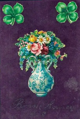 Ak Glückwunsch Neujahr, Blumenstrauß in der Blumenvase, Glücksklee