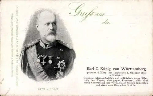 Ak Karl I. König von Württemberg, Portrait, 1823 bis 1891