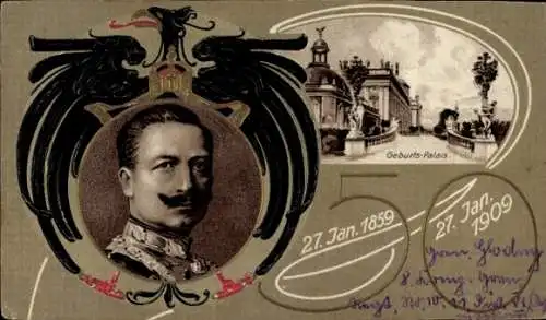 Präge Litho Kaiser Wilhelm II, 50. Geburtstag 1909, Geburtshaus in Berlin, Kronprinzenpalais