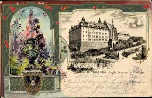 Präge Litho Altenburg in Thüringen, Schloss mit Auffahrt, Blumen, Wappen