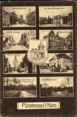 Wappen Ak Fürstenau im Landkreis Osnabrück, Bahnhofstraße, Volksschule, Bürgerpark, Rathaus