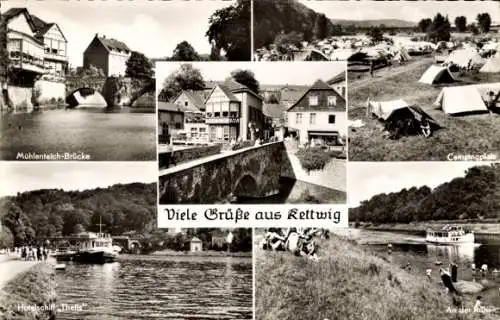 Ak Kettwig Essen im Ruhrgebiet, Altstadt, Mühlenteichbrücke, Campingplatz, Hotelschiff Thetis, Ruhr