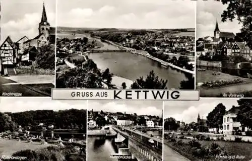 Ak Kettwig Essen im Ruhrgebiet, Panorama, Kirchtreppe, Altstadt, Ruhranlagen, Ruhrbrücke