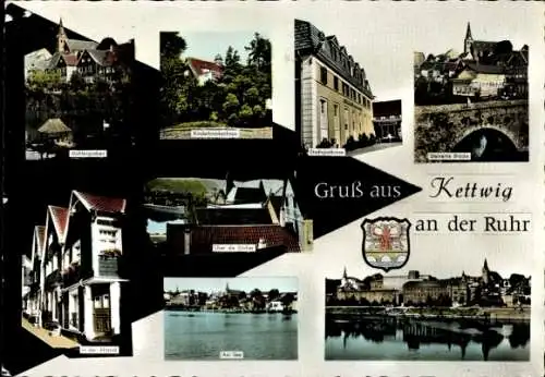 Ak Kettwig Essen im Ruhrgebiet, See, Mühlengraben, Kinderkrankenhaus, Steinerne Brücke, Wappen