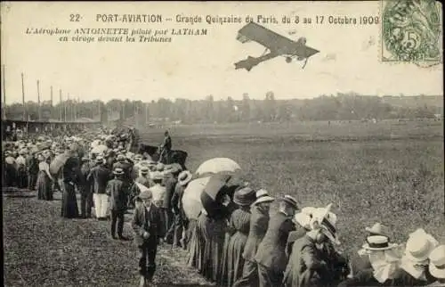 Ak Port-Aviation, Flugzeug Antoinette, gesteuert von Latham, Paris 1909