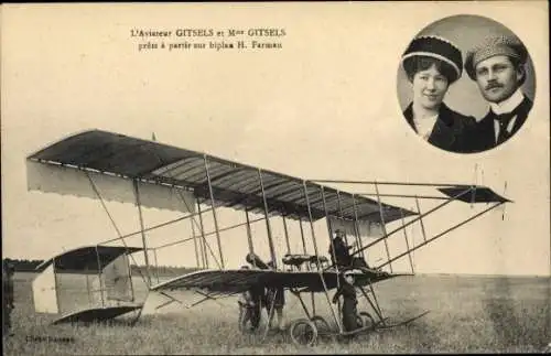 Ak Aviation, Aviator Gitsels bereit zum Abflug mit dem Farman-Doppeldecker