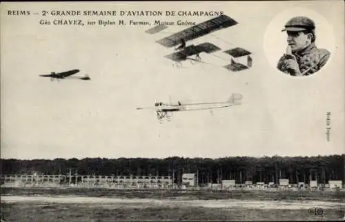 Ak Reims, Great Champagne Aviation Week, Geo Chavez im Farman-Doppeldecker