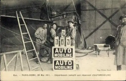 Ak Paris-Rom, 1911, Depardussin füllt seinen Autotank