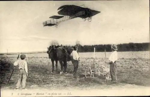 Ak Zivilflugzeug Bleriot, Bauern bei der Arbeit, Pflug, Landwirtschaft