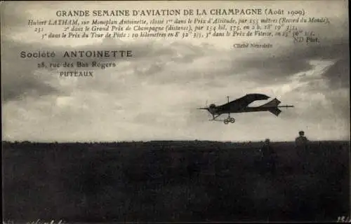 Ak Hubert Latham auf dem Eindecker Antoinette, Grand Prix de Chamapgne in Reims 1909