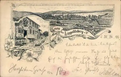 Litho Lippoldsberg Wahlsburg Weserbergland, Gesamtansicht, Gastwirtschaft L. Ullrich