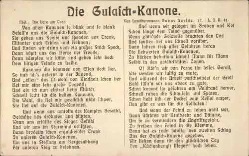 Ak Gedicht Gulasch-Kanone, Von allen Kanonen so blink und so blank...