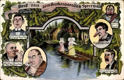 Ak Lübbenau im Spreewald, Gurkenparadies, Karikatur, Tracht