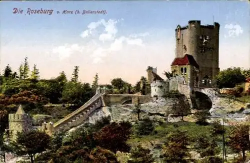 Ak Ballenstedt im Harz, Blick auf die Roseburg, Turm, Burgmauer