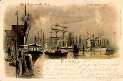 Litho Hamburg Mitte Altstadt, Segelschiffhafen, Schlepper und Dreimaster im Hafen