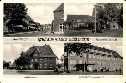 Ak Niebüll in Nordfriesland, Hauptstraße, Bahnhofstraße, Rathaus, Kreiskrankenhaus