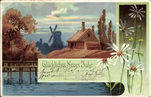 Präge Litho Glückwunsch Neujahr, Blumen, Haus, Windmühle