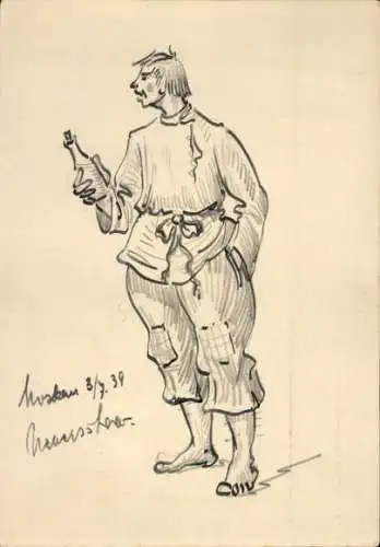 Ak Russische Tracht, Mann mit Flasche, Moskau 1939