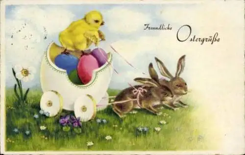 Ak Glückwunsch Ostern, Karre, Osterhasen, Ostereier, Küken