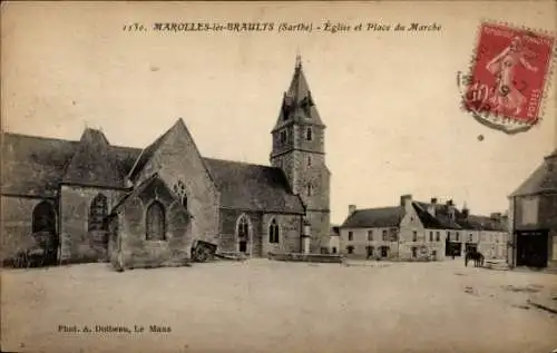 Ak Marolles les Braults Sarthe, Kirche, Marktplatz