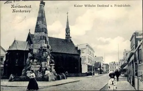 Ak Nordseebad Norderney Ostfriesland, Friedrichstraße, Kaiser Wilhelm Denkmal