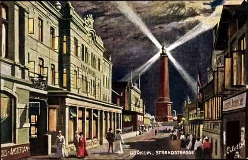 Künstler Ak Insel Borkum Ostfriesland, Strandstraße bei Nacht, Leuchtturm, Tuck No. 193 B