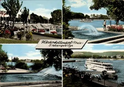 Ak Niederdollendorf Königswinter am Rhein, Teilansichten, Springbrunnen, Anleger, Schiff