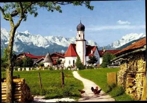 Ak Wallgau Oberbayern, Dorfidylle, Jakobskirche, Wettersteingebirge