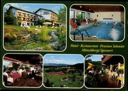 Ak Mönchberg im Spessart Unterfranken, Hotel-Restaurant-Pension Schmitt, Schwimmbad, Terrasse