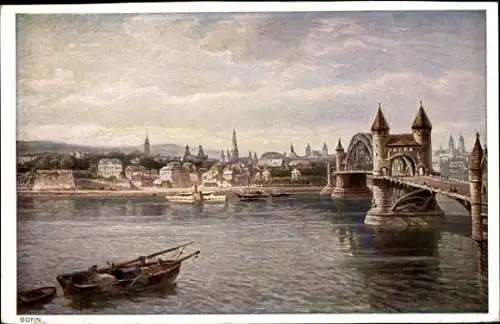 Ak Bonn am Rhein, Teilansicht, Brücke, Ruderboot, Kirchtürme