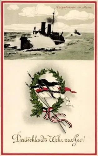 Ak Deutschlands Wehr zur See, Torpedoboote im Sturm, Fahnen
