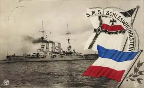 Ak Deutsches Kriegsschiff, SMS Schleswig Holstein, Kaiserliche Marine, Fahnen