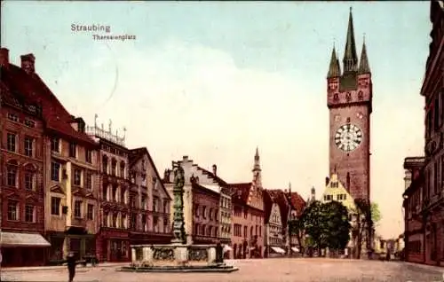 Ak Straubing an der Donau Niederbayern, Theresienplatz, Turm, Turmuhr