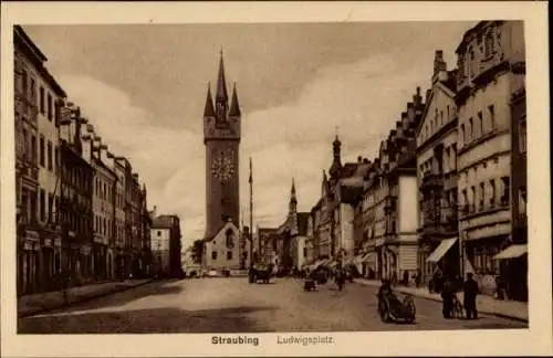 Ak Straubing an der Donau Niederbayern, Ludwigsplatz, Turm, Turmuhr