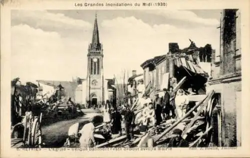 Ak Reyniès Tarn-et-Garonne, Eglise, Unique Batiment reste debout avec ja Mairie, Inondations 1930