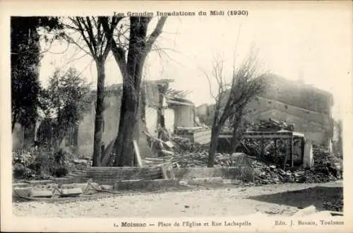 Ak Moissac Tarn et Garonne, Place de l'Eglise et Rue Lachapelle, Indondations 1930