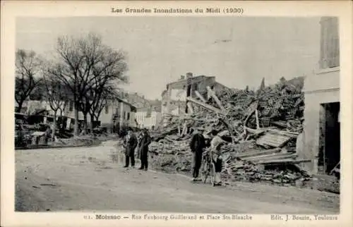 Ak Moissac Tarn et Garonne, Rue Faubourg Guillerand et Place Ste-Blanche, Indondations 1930