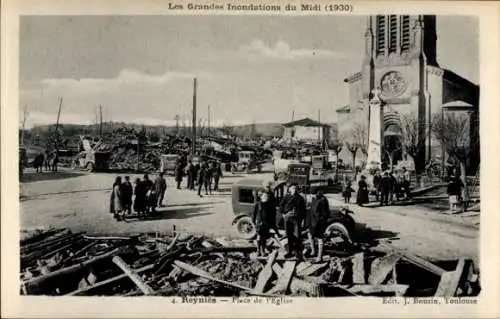 Ak Reynies Tarn-et-Garonne, Place de l'Eglise, Indondations 1930