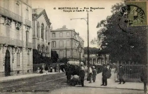 Ak Montpellier Hérault, Rue Maguelonne, Temple et Gare