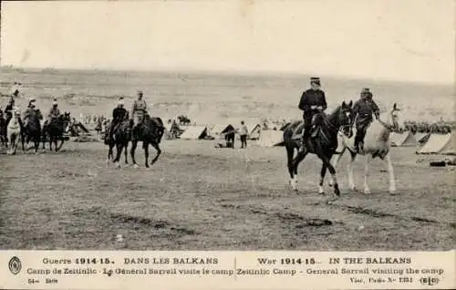 Ak General Sarrail visite le Zeitinlic camp, chevaux