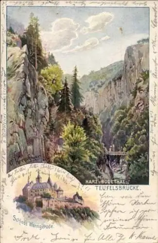 Künstler Ak Kretschmar, Wernigerode am Harz, Schloss, Bodetal Thale, Teufelsbrücke, Berggesichter