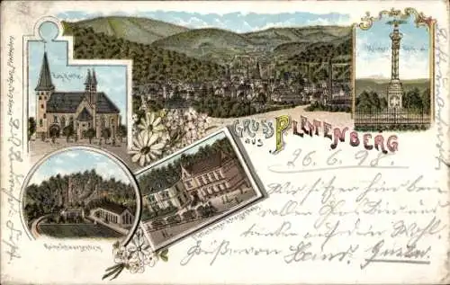 Litho Plettenberg Sauerland, Gesamtansicht, Kirche, Ruine Schwarzenberg, Straßenbahn, Kriegerdenkmal