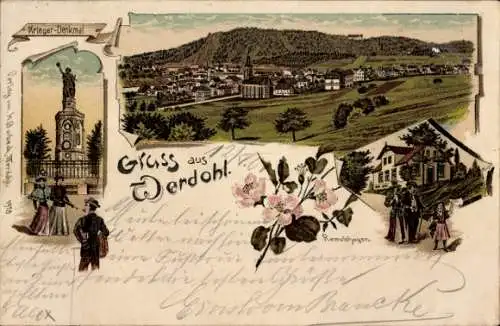 Litho Werdohl im Sauerland, Gesamtansicht, Remelshagen, Kriegerdenkmal